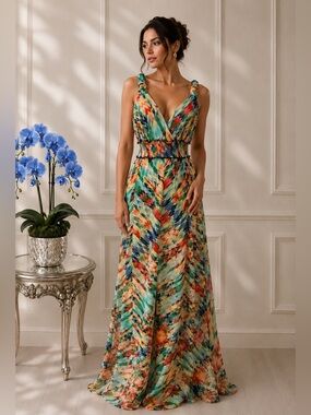 ECI New York  (Nordstrom) Multicolor V-Neck Maxi Dress in Teal, Coral & Navy